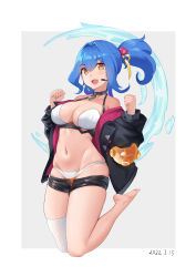 Rule 34 | 1girl, :d, absurdres, amelia (world flipper), bare shoulders, barefoot, bikini, black choker, black jacket, black shorts, blue hair, breasts, chinese commentary, choker, cleavage, clenched hands, clothes pull, collarbone, commentary request, dated, earpiece, fang, full body, grey background, groin, hair between eyes, hair intakes, hair ribbon, hands up, highres, jacket, large breasts, long hair, long sleeves, looking at viewer, navel, off shoulder, open fly, open mouth, orange eyes, ponytail, ribbon, short shorts, shorts, shorts pull, sidelocks, single thighhigh, skin fang, skindentation, smile, solo, stomach, swimsuit, thighhighs, water, white background, white bikini, white thighhighs, world flipper, yellow ribbon, yinori