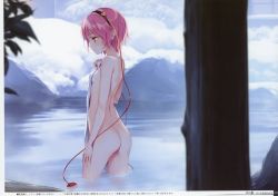 Rule 34 | 1girl, absurdres, arm at side, ass, blurry, blush, completely nude, depth of field, flat ass, flat chest, from side, hair ornament, hairband, hand on own chest, hand up, heart, heart hair ornament, highres, holding, holding towel, ke-ta, komeiji satori, nude, onsen, outdoors, pink hair, plant, profile, red eyes, scan, short hair, snow, solo, standing, thighs, third eye, touhou, towel, translation request, wading, water, wet