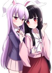 Rule 34 | 2girls, animal ears, arms up, black hair, blazer, blouse, blunt bangs, blush, bow, bowtie, bright pupils, commentary request, cowboy shot, hair between eyes, hand on another&#039;s stomach, head tilt, heads together, highres, hime cut, holding hands, houraisan kaguya, interlocked fingers, jacket, light purple hair, long hair, long sleeves, looking at another, looking at viewer, multiple girls, necktie, pink shirt, pink skirt, pleated skirt, rabbit ears, red eyes, red neckwear, red skirt, reisen udongein inaba, shirt, sidelocks, simple background, skirt, smile, standing, touhou, tsukimirin, very long hair, white background, white neckwear, white pupils, white shirt, wide sleeves, yuri