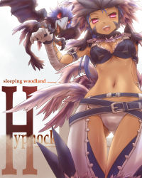 Rule 34 | 1girl, arm behind back, armlet, armor, azure hypnocatrice, azure hypnocatrice (armor), belt, belt skirt, bikini armor, bird, blue eyes, blue hair, breasts, capcom, cleavage, feathers, gloves, headdress, hypnocatrice, hypnocatrice (armor), long hair, looking down, midriff, monster hunter (series), monster hunter frontier, multiple belts, navel, open mouth, pink eyes, red eyes, text focus, tsukigami chronica, wings