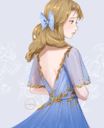 Rule 34 | 1girl, artist name, backless dress, backless outfit, bad id, bad twitter id, blonde hair, blue bow, blue dress, blush, bow, brown eyes, clivenzu, closed mouth, commentary, dress, english commentary, from behind, grey background, hair bow, highres, long hair, profile, see-through, see-through sleeves, short sleeves, smile, solo