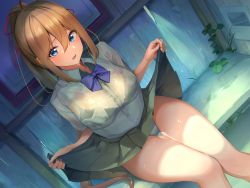 Rule 34 | blonde hair, blue eyes, bra, breasts, clothes lift, highres, large breasts, looking at viewer, maeshimashi, original, panties, ponytail, puddle, school uniform, see-through, sitting, skirt, skirt lift, thigh gap, thighs, underwear, upskirt, wet, wet clothes