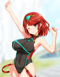 Rule 34 | 1girl, arm up, black one-piece swimsuit, blush, breasts, clenched hand, closed mouth, commentary request, competition swimsuit, covered erect nipples, covered navel, earrings, highres, jewelry, large breasts, looking at viewer, nintendo, one-piece swimsuit, one eye closed, outdoors, pyra (pro swimmer) (xenoblade), pyra (xenoblade), red eyes, red hair, short hair, smile, solo, swimsuit, tiara, xenoblade chronicles (series), xenoblade chronicles 2, zaxwu