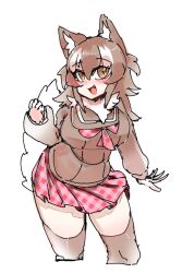 Rule 34 | 100maru, 1girl, animal ears, blush, breasts, brown eyes, brown hair, fang, fur collar, highres, japanese wolf (kemono friends), kemono friends, large breasts, long hair, long sleeves, looking at viewer, multicolored hair, open mouth, shirt, simple background, skirt, smile, solo, tail, thighhighs, two-tone hair, white hair, wolf ears, wolf girl, wolf tail