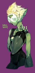 Rule 34 | 1girl, colored skin, forehead jewel, green skin, highres, joints, peridot (steven universe), pigeon666, robot joints, simple background, sleeveless, solo, spiked hair, steven universe, toned, upper body, visor