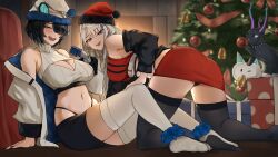 Rule 34 | 2girls, absurdres, bare shoulders, black hair, black jacket, black nails, black panties, black skirt, black thighhighs, blue hair, box, breasts, christmas, christmas tree, cleavage, commission, ember amane, erina makina, gift, gift box, hair over one eye, hat, highleg, highleg panties, highres, jacket, large breasts, long hair, looking at viewer, mchiefy, midriff, multicolored hair, multiple girls, navel, open mouth, panties, pencil skirt, phase connect, red hat, red skirt, santa hat, second-party source, short hair, skirt, streaked hair, thighhighs, underwear, virtual youtuber, white hair, white hat, white jacket, white thighhighs