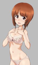 Rule 34 | 1girl, blush, bow, bow bra, bra, breasts, brown eyes, brown hair, cleavage, commentary request, commission, cowboy shot, girls und panzer, grey background, groin, hands on own chest, highres, kayabakoro, looking at viewer, medium breasts, navel, nishizumi miho, open mouth, panties, partial commentary, pixiv commission, print bra, print panties, short hair, simple background, smile, solo, standing, underwear, underwear only, white bra, white panties
