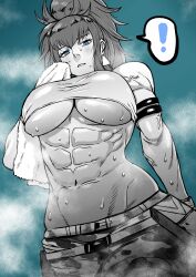 Rule 34 | 1girl, abs, absurdres, blue eyes, breasts, crop top, earrings, from below, fukamichi ran&#039;ou, highres, jewelry, large breasts, leona heidern, looking at viewer, midriff, monochrome, muscular, muscular female, pants, ponytail, solo, spot color, standing, sweat, tank top, the king of fighters, the king of fighters xv, towel, underboob, veins, veiny arms
