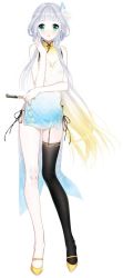 Rule 34 | 1girl, :o, black panties, black thighhighs, blonde hair, blue eyes, blunt bangs, china, copyright request, dress, folded fan, folding fan, full body, hair ornament, hand fan, hand up, high heels, highres, holding, long hair, looking at viewer, miemia, multicolored hair, official art, panties, parted lips, side-tie panties, silver hair, simple background, single thighhigh, solo, standing, thighhighs, underwear, very long hair, white background, yellow footwear