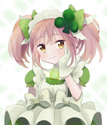 Rule 34 | 1girl, amulet clover, apron, blush, closed mouth, club hair ornament, dress, gloves, green dress, hairband, head rest, highres, hinamori amu, humpty lock (shugo chara!), light blue background, looking at viewer, multicolored background, orange eyes, pink hair, short sleeves, short twintails, shugo chara!, smile, solo, suteneko gohan, twintails, white background, white gloves, white hairband
