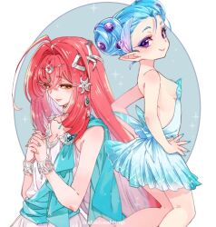 Rule 34 | 2girls, artist name, blue dress, blue hair, blush, bracelet, breasts, champion&#039;s tunic (zelda), cleavage, closed mouth, cowboy shot, dress, elf, eyeshadow, fingernails, hair between eyes, hair ornament, hand on own chest, humanization, jewelry, lipstick, looking at viewer, makeup, mipha, multiple girls, nail polish, nintendo, pointy ears, princess ruto, purple eyes, red hair, shuri (84k), sideboob, sidelocks, simple background, skirt, smile, the legend of zelda, the legend of zelda: breath of the wild, the legend of zelda: ocarina of time, white dress, yellow eyes