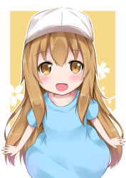 Rule 34 | 10s, 1girl, :d, absurdres, blue shirt, brown eyes, brown hair, catstudioinc (punepuni), commentary, fang, flat cap, hat, hataraku saibou, highres, looking at viewer, open mouth, outline, platelet (hataraku saibou), shirt, simple background, smile, solo, white hat, white outline