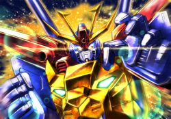 Rule 34 | 10s, clenched hand, glowing, glowing eyes, gundam, gundam build fighters, gundam build fighters try, gundam tryon 3, mecha, no humans, robot, shingo (picturepuzzle), shoulder cannon, solo, upper body
