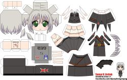 Rule 34 | 1girl, absurdres, artist name, between breasts, blush, breasts, character name, chibi, el joey, gloves, green eyes, grey hair, hat, highres, military, military hat, military uniform, navel, necktie, necktie between breasts, paper cutout, papercraft, sanya v. litvyak, smile, solo, strike witches, uniform, watermark, web address, world witches series
