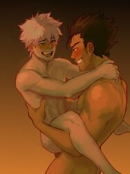 Rule 34 | 2boys, absurdres, age difference, anal, ass, blush, brown eyes, completely nude, cuckoo chan, facial hair, ging freecss, grin, heart, heart-shaped pupils, highres, hunter x hunter, implied netorare, killua zoldyck, male penetrated, mature male, multiple boys, muscular, muscular male, netorare, nipples, nude, open mouth, penis, sex, short hair, size difference, smile, suspended congress, symbol-shaped pupils, teeth, testicles, white hair, yaoi
