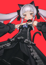 Rule 34 | 1girl, animal ears, black dress, black ribbon, blunt bangs, blush, bow, cat ears, cat tail, detached sleeves, dress, earrings, gothic lolita, grey hair, hair ribbon, highres, hololive, jewelry, lolita fashion, long hair, looking at viewer, murasaki shion, murasaki shion (gothic lolita), orange eyes, red background, ribbon, saaal653, simple background, smile, solo, star (symbol), tail, twintails, very long hair, virtual youtuber