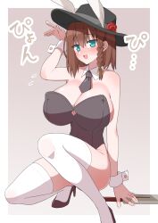 Rule 34 | 1girl, akitokage, animal ears, blush, braid, breasts, brown hair, charlotte corday (fate), cleavage, detached collar, fate/grand order, fate (series), flower, green eyes, hat, high heels, highres, knife, large breasts, leotard, looking at viewer, medium hair, necktie, playboy bunny, rabbit ears, rose, solo, thighhighs, wrist cuffs