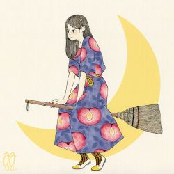 Rule 34 | 1girl, awai880, black hair, blush, broom, broom riding, crescent, hair ornament, holding, holding broom, long hair, moon, original, shoes, signature, smile, socks, solo, striped clothes, striped socks, white footwear