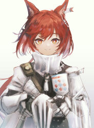 Rule 34 | 1girl, absurdres, aiv, animal ear fluff, animal ears, arknights, black jacket, brown background, closed mouth, commentary request, flametail (arknights), gauntlets, gorget, hair between eyes, highres, holding, jacket, long hair, red eyes, red hair, simple background, smile, solo, upper body, very long hair