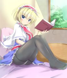 Rule 34 | 1girl, aibumi, alice margatroid, bad id, bad pixiv id, blonde hair, blue eyes, blush, book, capelet, curtains, dress, female focus, frills, frown, hairband, on bed, panties, panties under pantyhose, pantyhose, pen-zin, sitting, solo, thighband pantyhose, touhou, underwear, window