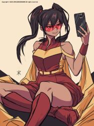 Rule 34 | 1girl, 2022, apoloniodraws, artist name, black hair, boots, bracer, breasts, brown background, brown eyes, cape, commentary, crossed legs, dark-skinned female, dark skin, dress, english commentary, hair behind ear, medium breasts, pilipino funny komiks, red dress, red footwear, sleeveless, sleeveless dress, smile, solo, sunglasses, tinay pinay, twintails, yellow cape