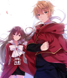 1boy 1girl alice_(pandora_hearts) black_shirt black_skirt blonde_hair bow bowtie braid brown_eyes brown_hair cloak closed_mouth commentary floating_hair green_eyes hair_between_eyes jacket jne long_hair long_sleeves looking_at_viewer oz_vessalius pandora_hearts red_cloak red_jacket shirt short_hair simple_background skirt smile twin_braids very_long_hair white_background white_bow white_bowtie