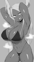 Rule 34 | 1girl, animal ears, armpits, arms up, bikini, boku no hero academia, breasts, caevery, dark-skinned female, dark skin, hair between breasts, highres, large breasts, long hair, looking at viewer, mirko, monochrome, pubic hair, pubic hair peek, rabbit ears, rabbit tail, smile, solo, sweat, swimsuit, thick thighs, thighs, white hair, wide hips