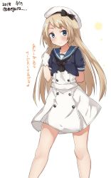 Rule 34 | 1girl, bad id, bad twitter id, blonde hair, blue eyes, blue sailor collar, dated, dress, feet out of frame, full body, gloves, hat, highres, jervis (kancolle), kantai collection, long hair, looking at viewer, meguru (megurunn), sailor collar, sailor dress, short sleeves, simple background, smile, solo, translated, twitter username, white background, white dress, white gloves, white hat