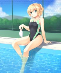 Rule 34 | 1girl, alternate costume, blonde hair, blush, competition swimsuit, green eyes, highres, isaki (gomi), looking at viewer, mizuhashi parsee, one-piece swimsuit, pointy ears, pool, poolside, short hair, sitting, solo, swimsuit, touhou, wet