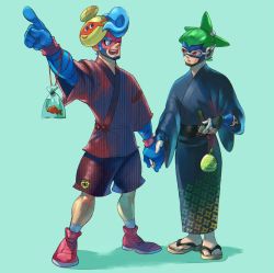 Rule 34 | 2boys, alternate costume, aqua background, arms (game), bad id, bad twitter id, blue eyes, blue hair, fish, full body, geta, goldfish, green hair, holding hands, highres, japanese clothes, kimono, male focus, mask, mask on head, multiple boys, ninjara (arms), nkraae, official style, one eye closed, orange eyes, pointing, pompadour, ponytail, shoes, shorts, simple background, sneakers, @ @, spring man (arms), wristband, yukata