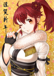 Rule 34 | 1girl, ;3, anna (fire emblem), breasts, earrings, finger to face, fingerless gloves, fire emblem, floral background, flower, fur collar, furisode, gloves, hair flower, hair ornament, japanese clothes, jewelry, kimono, nintendo, obi, one eye closed, ponytail, red eyes, red hair, sash, smile, solo, soyo2106, translated, wide sleeves