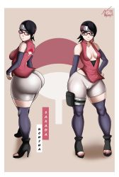 Rule 34 | 1girl, absurdres, ass, bike shorts, black eyes, black hair, black thighhighs, boruto: naruto next generations, breasts, center opening, cleavage, closed mouth, covering crotch, covering privates, glasses, headband, high heels, highres, huge ass, naruto (series), pouch, short hair, shorts, sideboob, sleeveless, sleeveless turtleneck, small breasts, smile, solo, thick thighs, thigh pouch, thighhighs, thighs, tight clothes, turtleneck, uchiha sarada, uchiha symbol, vn simp, vns2imp, white shorts, wide hips
