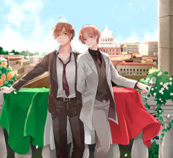 Rule 34 | 2boys, ahoge, alcohol, axis powers hetalia, blush, brothers, brown hair, cloud, cup, day, drinking glass, flag, flower, formal, frown, glass, green eyes, hair intakes, head tilt, highres, italian flag, jacket, long sleeves, looking at viewer, male focus, multiple boys, necktie, northern italy (hetalia), nwtm, open clothes, open jacket, pants, scenery, shaded face, shirt, siblings, sky, smile, southern italy (hetalia), striped clothes, striped pants, striped shirt, suit, vest, white shirt, wine, wine glass, yellow eyes
