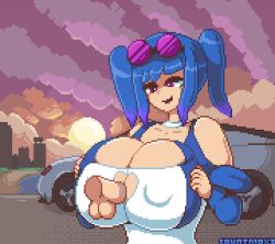 Rule 34 | 1boy, 1girl, animated, animated gif, azur lane, blue hair, breasts, cleavage, cleavage cutout, clothed sex, clothes, clothing cutout, countmoxi, grabbing, grabbing own breast, heart cutout, hetero, highres, huge breasts, huge penis, large breasts, long hair, open mouth, paizuri, paizuri under clothes, penis, perpendicular paizuri, pixel art, sex, smile, st. louis (azur lane), sunglasses, sunglasses on head, testicles, twintails