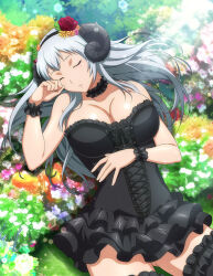 Rule 34 | 1girl, black choker, black hairband, black skirt, black thighhighs, breasts, bustier, choker, chouun shiryuu, cleavage, closed eyes, closed mouth, collarbone, field, flower, flower field, from above, grey hair, hair flower, hair ornament, hairband, horns, huge breasts, ikkitousen, layered skirt, long hair, lying, miniskirt, on back, pleated skirt, red flower, shiny skin, skirt, solo, strapless, thighhighs, wrist cuffs, zettai ryouiki