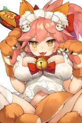 Rule 34 | 1girl, :d, animal hands, apron, arm up, bell, between legs, blush, bow, breasts, brown eyes, cat hair ornament, collar, commentary request, fang, fate/grand order, fate (series), food, frilled apron, frills, gloves, hair between eyes, hair bow, hair ornament, hand up, highres, jehyun, jingle bell, large breasts, looking at viewer, maid apron, maid headdress, naked apron, navel, omelet, omurice, open mouth, paw gloves, paw shoes, pink hair, red bow, red collar, shoes, simple background, smile, solo, spread legs, stomach, tail, tail between legs, tail censor, tamamo (fate), tamamo cat (fate), tamamo cat (third ascension) (fate), white apron, white background