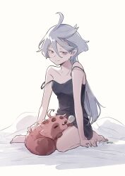 Rule 34 | 1girl, absurdres, ahoge, animal, bare shoulders, barefoot, black tank top, blanket, bottomless, closed mouth, colored eyelashes, grey hair, gundam, gundam suisei no majo, hair between eyes, half-closed eyes, hand on animal, highres, light smile, long hair, looking down, miorine rembran, pink eyes, signature, simple background, sitting, strap slip, suletta mercury, tank top, tanuki, very long hair, wariza, yaco (085)