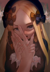 Rule 34 | 1girl, abigail williams (fate), black bow, black dress, black hat, blonde hair, blue eyes, bow, brown background, commentary request, dress, fate/grand order, fate (series), forehead, hair bow, hand grab, hands up, hat, highres, kaita (mokamilkcup), licking, licking finger, long hair, long sleeves, looking at viewer, multiple hair bows, open mouth, orange bow, parted bangs, saliva, sharp teeth, solo, teeth, tongue, tongue out, upper body, upper teeth only