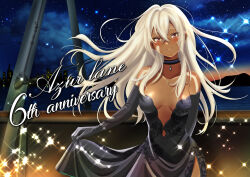 Rule 34 | 1girl, alternate costume, anniversary, arm behind back, azur lane, bare shoulders, black choker, black dress, black gloves, blush, body markings, breasts, choker, cityscape, cleavage, closed mouth, clothes lift, cloud, cloudy sky, collarbone, commentary request, cowboy shot, crossed bangs, dark-skinned female, dark skin, dress, dress lift, elbow gloves, facial mark, floating hair, gloves, hair between eyes, hair down, highres, long hair, looking at viewer, medium breasts, minneapolis (azur lane), murasaki tsutsuji, night, ocean, outdoors, red eyes, ship deck, sidelocks, sky, smile, solo, standing, star (sky), starry sky, strapless, strapless dress, white hair