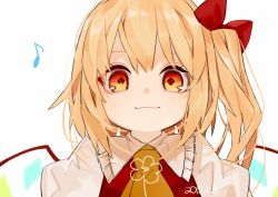 Rule 34 | 1girl, ascot, bad id, bad pixiv id, blonde hair, blush, bow, closed mouth, commentary, dated, eighth note, flandre scarlet, frilled shirt collar, frills, gotou (nekocat), hair bow, highres, looking at viewer, musical note, no headwear, puffy short sleeves, puffy sleeves, red bow, red eyes, short hair, short sleeves, side ponytail, simple background, smile, solo, touhou, upper body, white background, wings, yellow ascot
