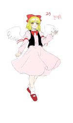 Rule 34 | 1girl, absurdres, black vest, blonde hair, bow, bowtie, closed mouth, collared dress, commentary request, derivative work, dress, eyelashes, feathered wings, full body, gengetsu (touhou), gesture, hair bow, happy, highres, juliet sleeves, korean commentary, kuya (hey36253625), light blush, long sleeves, looking at viewer, lotus land story, mary janes, open clothes, open vest, pink dress, puffy sleeves, red bow, red bowtie, red footwear, red ribbon, ribbon, shoes, short hair, simple background, smile, socks, touhou, touhou (pc-98), translation request, vest, white background, white socks, white wings, wings, yellow eyes