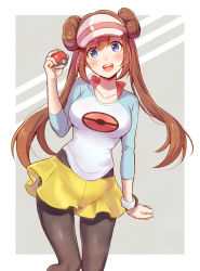 Rule 34 | 1girl, :d, blue eyes, blush, border, bow, breasts, brown hair, collarbone, commentary request, creatures (company), double bun, eyelashes, game freak, hair bun, hand up, holding, holding poke ball, long hair, looking at viewer, nintendo, nokataro, open mouth, outside border, pantyhose, pantyhose under shorts, pink bow, poke ball, poke ball (basic), pokemon, pokemon bw2, raglan sleeves, rosa (pokemon), shirt, short shorts, shorts, smile, solo, teeth, tongue, twintails, upper teeth only, visor cap, white border, yellow shorts