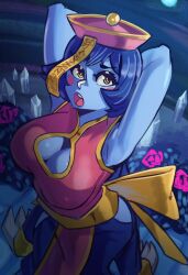 Rule 34 | 1girl, armpits, arms behind head, blue skin, breasts, cleavage cutout, clothing cutout, colored skin, hat, highres, large breasts, lei lei, moxydraws, pants, purple skin, sleeveless, teeth, upper teeth only, vampire (game)