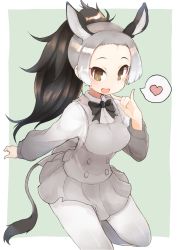 Rule 34 | 10s, 1girl, animal ears, apron, bad id, bad pixiv id, black hair, blush, bow, bowtie, collared shirt, commentary request, cowboy shot, donkey (kemono friends), donkey ears, donkey tail, finger to mouth, forehead, grey hair, heart, highres, kemono friends, kemono friends 2, long sleeves, multicolored hair, pantyhose, pleated skirt, ponytail, shirt, skirt, solo, spoken heart, teranekosu