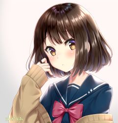 Rule 34 | 1girl, blue sailor collar, blue shirt, blush, bow, bowtie, brown cardigan, brown eyes, brown hair, cardigan, closed mouth, commentary request, frown, hakuda tofu, hand up, head tilt, long sleeves, looking at viewer, off shoulder, original, pink bow, pink bowtie, sailor collar, school uniform, shirt, short hair, sidelocks, signature, sleeves past wrists, solo, upper body