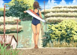 Rule 34 | 10s, 1girl, ass, b-ginga, bare legs, barefoot, blue sky, blush, brown hair, building, cloud, day, dirty, dirty feet, dressing, farm, from behind, grass, i-401 (kancolle), kantai collection, landscape, ocean, one-piece swimsuit, outdoors, personification, ponytail, power lines, road, rural, scenery, school swimsuit, short hair, sky, swimsuit, tree, walking