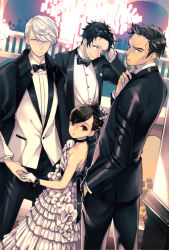 Rule 34 | 1girl, 3boys, adachi tooru, alternate hairstyle, atlus, black eyes, black hair, bow, bowtie, choker, doujima nanako, doujima ryoutarou, dress, earrings, evening gown, formal, frilled dress, frills, grey eyes, hair up, hand in pocket, hand on own head, holding hands, jewelry, lapels, looking at viewer, manly, megami tensei, multiple boys, narukami yuu, persona, persona 4, saeuchobab, shawl lapels, shin megami tensei, short hair, strapless, strapless dress, suit, traditional bowtie, tuxedo, white dress, white hair