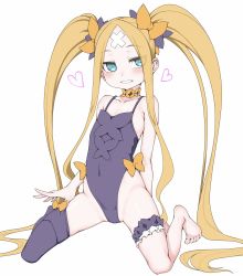 Rule 34 | 1girl, abigail williams (fate), abigail williams (welcome to the travelling circus!) (fate), asymmetrical legwear, bandaid, bandaid on face, bandaid on forehead, bare shoulders, barefoot, blonde hair, blue eyes, blush, bow, bridal garter, commentary request, crossed bandaids, fate/grand order, fate (series), flat chest, full body, hair bow, heart, highres, leotard, long hair, looking at viewer, multiple hair bows, neck garter, official alternate costume, orange bow, parted bangs, purple bow, purple leotard, senbei (avocadochaya), sidelocks, single thighhigh, sitting, smile, solo, spread legs, thighhighs, twintails, uneven legwear, very long hair, wariza