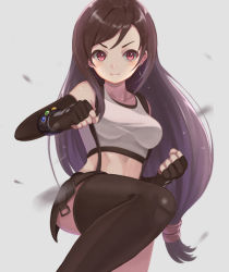Rule 34 | 1girl, bare shoulders, black hair, black skirt, black thighhighs, blurry, blurry foreground, blush, breasts, clenched hands, commentary, crop top, earrings, elbow gloves, fighting stance, final fantasy, final fantasy vii, final fantasy vii remake, fingerless gloves, gloves, jewelry, long hair, looking ahead, low-tied long hair, medium breasts, midriff, miniskirt, purea, red eyes, shirt, skirt, smile, solo, square enix, suspender skirt, suspenders, swept bangs, tank top, taut clothes, taut shirt, thighhighs, tifa lockhart, v-shaped eyebrows, very long hair, white background, white tank top