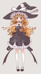 Rule 34 | 1girl, armband, blonde hair, bow, bracelet, braid, child, dress, female focus, full body, hair ribbon, hat, hat bow, highres, jewelry, kansou samehada, kirisame marisa, kneehighs, long hair, mary janes, messy hair, open mouth, outstretched arms, petticoat, ribbon, shoes, simple background, sleeveless, sleeveless dress, socks, solo, spread arms, standing, star (symbol), touhou, white socks, witch, witch hat, yellow eyes